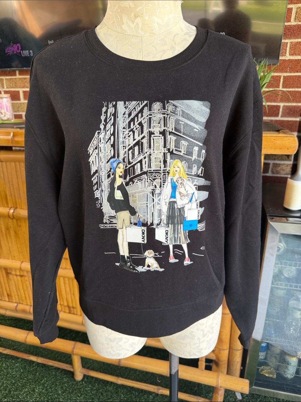 DKNY Black Crewneck Sweater with City Graphic